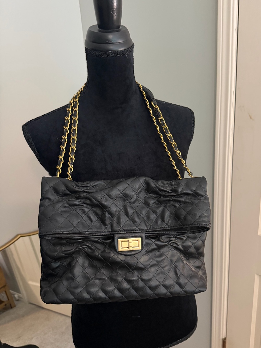 Black Quilted Leather Gold Chain-Shoulder Bag with Gold Hardware, used once.